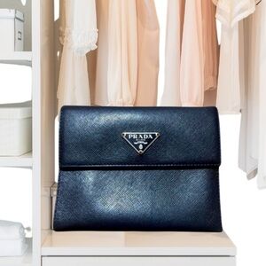 PRADA Saffiano Triangle Hardware Flap Women's Compact Wallet Nero Black